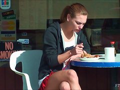 Babe In Red Miniskirt Plays With Her Pussy While Having Lunch Outdoors Porn Videos